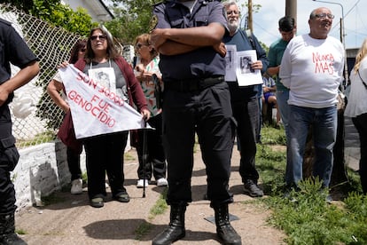 Relatives of people who disappeared during Argentina's last military dictatorship protest in front of the polling station where Villarruel casts his vote, in Buenos Aires, in November 2023