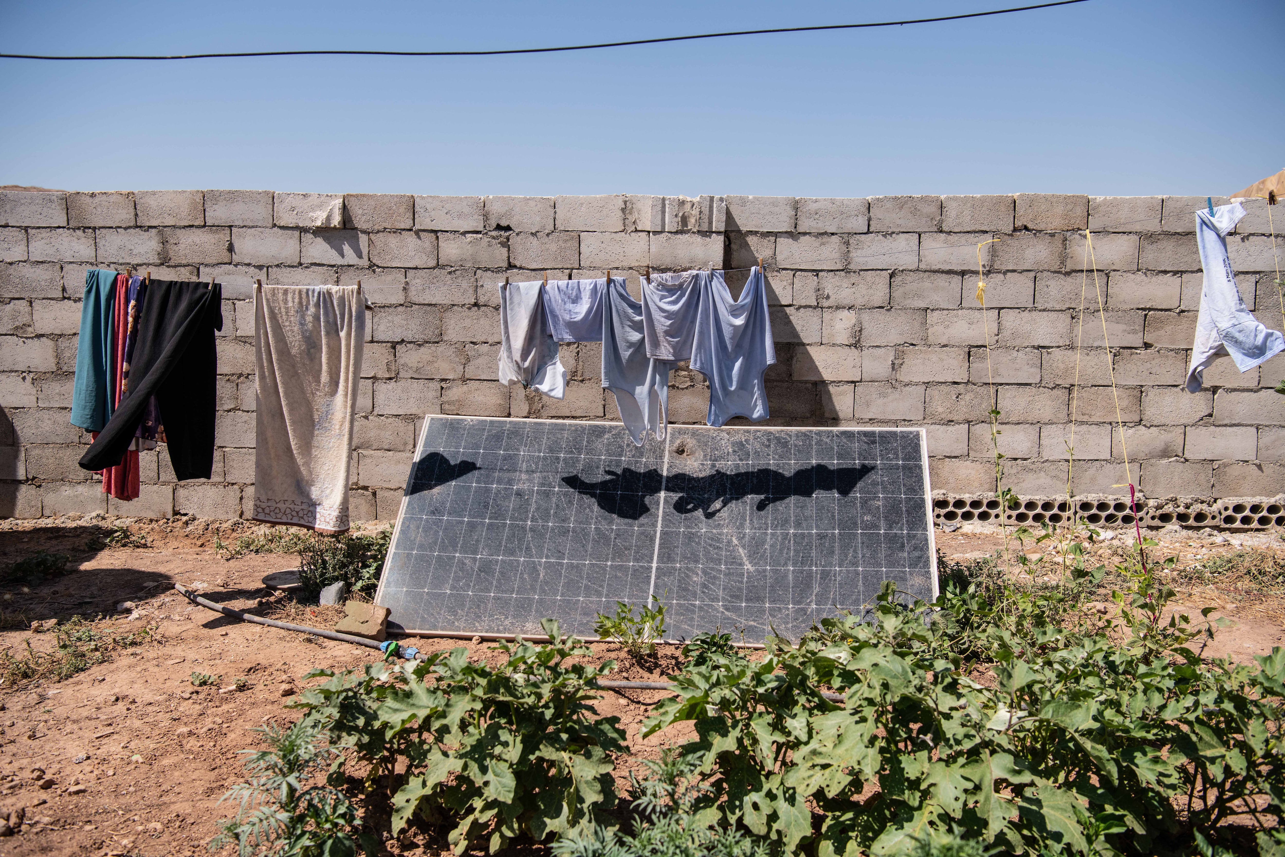 Vecinos del poblado de Al Hamamiyat usan placas solares para cultivar sus huertos recién retornados, en la provincia de Hama, el 28 de julio.