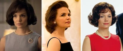 De izquierda a derecha: Katie Holmes, Ginnifer Goodwin y Joanne Whalley interpretan a Jackie Kennedy.