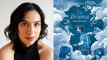 Elisa Galván junto a la portada de su novela gráfica 'La Bruma'. 7 DE MARZO DE 2024, CIUDAD DE MÉXICO. - La novela gráfica 'La bruma' (Fondo de Cultura Económica) de la artista Elisa Galván trata del viaje de un hombre al origen de su machismo: Fernando regresa a la casa materna para descubrir con horror el origen de varias de las decisiones que han forjado su carácter