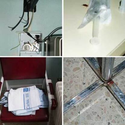 Detalles del deterioro del hospital Carlos III. Arriba, cables sueltos en una toma de electricidad y una cucaracha sobre una mesa junto a material médico. Abajo, una silla desvencijada y manchas de sangre en una mesa.