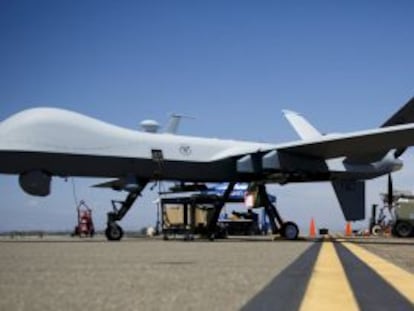 An MQ 9 Reaper, at the Oxnard air base, in California.