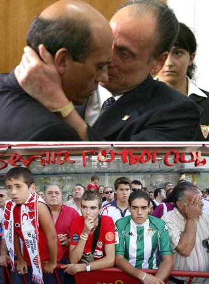 Arriba, Lopera, dueño del Betis, abraza a Del Nido, presidente del Sevilla. Abajo, hinchas de ambos equipos.