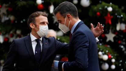 French President Emmanuel Macron welcomes Spanish Prime Minister Pedro Sanchez at the Elysee Palace as part of events marking the 60th anniversary of the signing of the OECD convention in Paris.