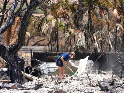Una mujer cava entre los escombros de una casa destruida por el incendio forestal, este viernes 11 de agosto, en Lahaina (Hawái).
