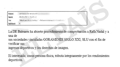 Captura del sumario del 'caso Montoro' que muestra como se enviaba desde la Agencia Tributaria  información fiscal al Director de Gabinete del Ministro. En la imagen, intercambio de información sobre Rafa Nadal.
