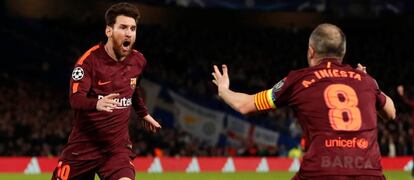 Messi celebra el gol del 1-1 en la ida de los octavos de final de la Liga de Campeones, que enfrentó al Barcelona con el Chelsea.