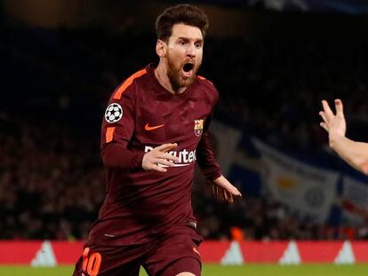 Messi celebra el gol del 1-1 en la ida de los octavos de final de la Liga de Campeones, que enfrentó al Barcelona con el Chelsea.