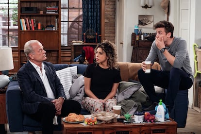 This image released by Paramount+ shows Kelsey Grammer as Frasier Crane, left, Jess Salgueiro as Eve, center, and Jack Cutmore-Scott as Freddy in a scene from "Frasier."