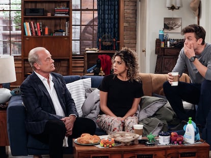 This image released by Paramount+ shows Kelsey Grammer as Frasier Crane, left, Jess Salgueiro as Eve, center, and Jack Cutmore-Scott as Freddy in a scene from "Frasier."