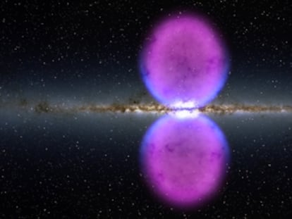 Ilustración de las dos gigantescas burbujas de rayos gamma en el centro del plano de la Vía Láctea