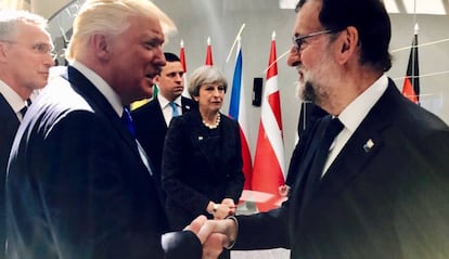 Spanish PM Mariano Rajoy greets Donald Trump at the NATO Summit in Brussels, in May.