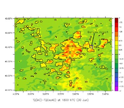 Impacto de los aparatos de aire acondicionado en la temperatura del aire a las 20.00, hora local, del 30 de junio de 2008