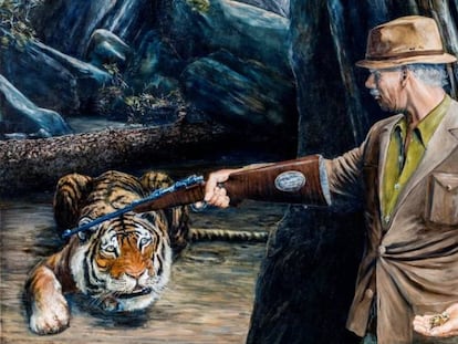 Jim Corbett se enfrenta a la tigresa devoradora de hombres de Champawat, en una pintura de David Southgate.