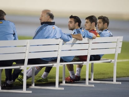 Del Bosque, Xavi, Casillas y Alba, durante el entrenamiento en Río.