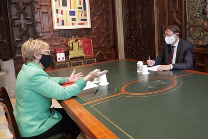 La consejera de Sanidad, Ana Barceló, y el presidente Ximo Puig, en la reunión que han mantenido este miércoles en el Palau de la Generalitat.