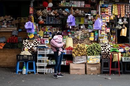 Una mujer realiza compras por los pasillos de la Vega Central, en Santiago.