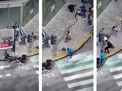 Imágenes del video de un hombre que cargaba una mochila con más de 30.000 dólares que volaron por una avenida tras el forcejeo en Buenos Aires (Argentina).