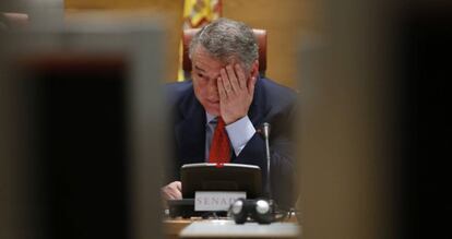 El presidente de RTVE, José Antonio Sánchez, durante una comparecencia en el Senado.