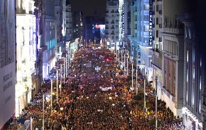 Gran Via during the feminist demo on March 8 in Madrid.