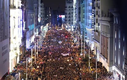 Gran Via during the feminist demo on March 8 in Madrid.