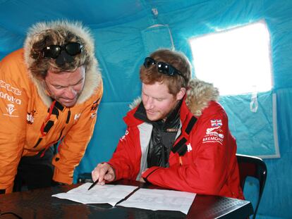 NOVO, ANTARCTICA - In this undated handout photo provided by Walking with the Wounded (WWTW) on November 23, 2013, Prince Harry, patron of Team UK in the Virgin Money South Pole Allied Challenge 2013 expedition, and Dominic West make notes of how much each individual and their kit weighs, during preparations in Novo, Antarctica. The team of 12 injured service personnel from Britain, America, Canada and Australia have overcome life-changing injuries and undertaken challenging training programmes to prepare themselves for the conditions they will face in Antarctica. Trekking around 15km to 20km per day, the teams will endure temperatures as low as minus 45C and 50mph winds as they pull their 70kg sleds to the south pole. (Photo by WWTW via Getty Images)

NOTE TO EDITORS: This handout photo may only be used in for editorial reporting purposes for the contemporaneous illustration of events, things or the people in the image or facts mentioned in the caption. Reuse of the picture may require further permission from the copyright holder.