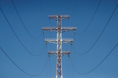 A power line is seen near a thermal power plant in Kyiv, Ukraine