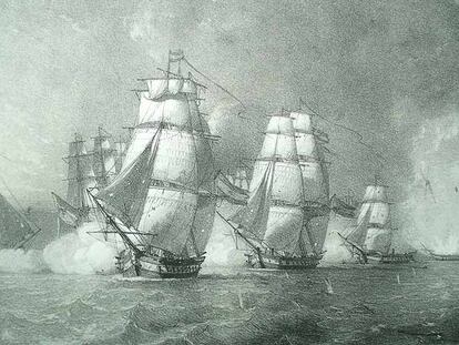 Grabado que muestra el hundimiento de la fragata <i>La Mercedes</i> durante la batalla del cabo de Santa María, en 1804.