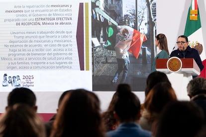 Rosa Isela Rodríguez durante la conferencia en Palacio Nacional, en Ciudad de México, el 20 de enero 2025.