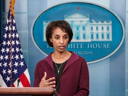 Council of Economic Advisers Chair Cecilia Rouse speaks during a press briefing at the White House in Washington on March 10, 2023.