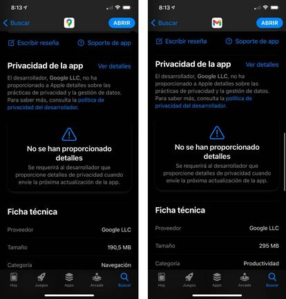 Información de privacidad de Google Maps y Gmail.