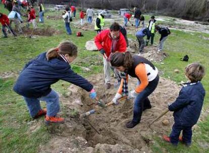 Un grupo de ecologistas planta árboles en la ribera del Guadarrama en Las Rozas.