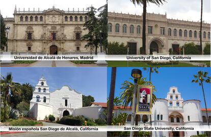 Fotografías de edificios españoles y californianos que aparecen en el tuit de la Embajada de Estados Unidos en España.