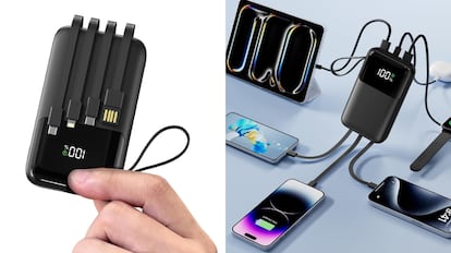 Esta batería externa es muy completa porque incluye varios cables con distintos puertos USB.