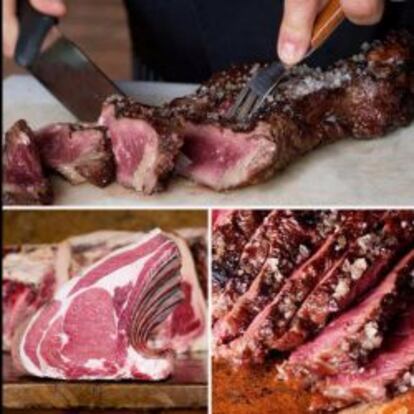 La carne, sometida a maduracionesde más de 60 días, se prepara en una parrilla de dos alturas, alimentada con carbón de encina. En las imágenes, distintos cortes de las piezas que se preparan en El Capricho.