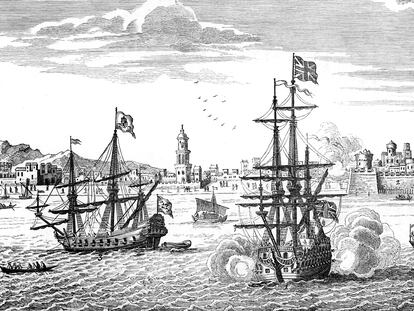 Ilustración de una batalla naval entre un barco británico y una nave de Manila, en 1742.