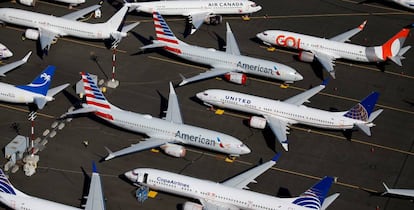 Aviones 737 MAX de distintas aerolíneas aparcados en las instalaciones de Boeing en Seattle (Washington, EE UU).