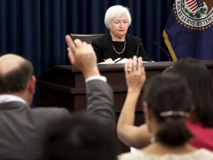 Janet Yellen, presidenta de la Fed durante la rueda de prensa ayer.