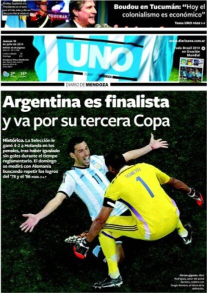 Portada del diario argentino 'Uno'.