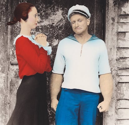 Shelley Duvall and Robin Williams on the set of 'Popeye'.