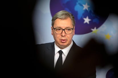 El presidente serbio, Aleksandar Vucic, durante su conferencia de prensa conjunta con Josep Borrell, el pasado lunes en Bruselas.