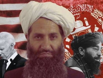 Joe Biden, presidente de EE UU; Hibatullah Akhunddzada, líder de los talibanes y Zabihullah Mujahid, portavoz del grupo talibán. 