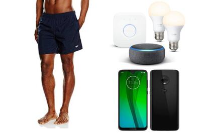 De izquierda a derecha: bañador Speedo Solid Leisure, altavoz inteligente Echo Dot y móvil Motorola Moto G7.