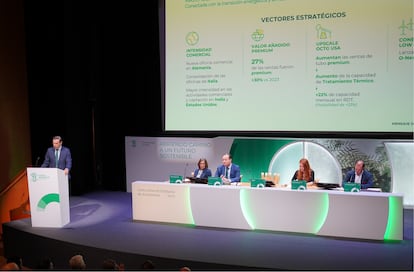 Intervención del presidente no ejecutivo, Josu Calvo, durante la junta.