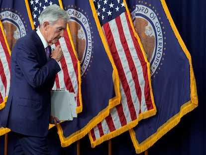 El presidente de la Reserva Federal de Estados Unidos, Jerome Powell, en la rueda de prensa posterior a la reunión de política monetaria del 12 de junio.
