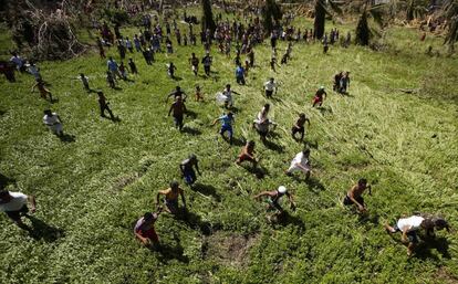 Un grupo de personas se acercan a uno de los helicópteros de las Fuerzas Aéreas de La Paz que están repartiendo comida entre los ciudadanos de la ciudad de Tacloban, en la provincia de Leyte, 15 de noviembre de 2013.