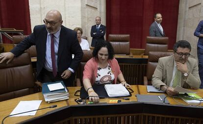 El portavoz de Vox en el Parlamento andaluz, Alejandro Hernández junto a diputados de la formación durante una sesión del año pasado.