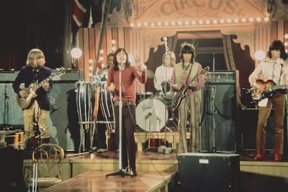 The Rolling Stones in 'Rock and Roll Circus.' From left to right: Brian Jones, percussionist Rocky Dzidzornu, Mick Jagger, Charlie Watts, Keith Richards and Bill Wyman. 