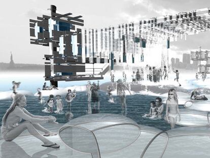 Rychiee Espinosa y Seth McDowell proponen crear espacios urbanos sobre el agua. Aquí, la futura ribera de Manhattan.
