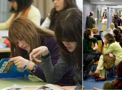 Alumnos de segundo de bachillerato del IES Salvador Espriu, a la izquierda, y pacientes del CAP Pare Claret.